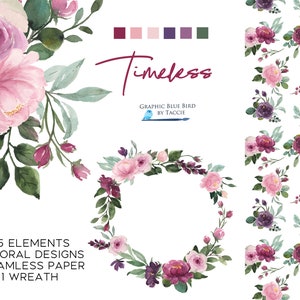 Blush, Bordeaux en Pruimenbloemen Aquarel Clipart Set Bevat individuele elementen, bloemenkrans en bloemmotieven voor bruiloften