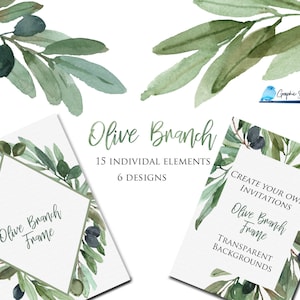 Olive Branch Wreaths and Olive Branch Frames Clipart, Wedding Greens, Leaves, Green Wedding Clip Art, Watercolor Clipart
