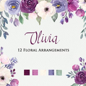 Pflaume, Lila, Lavendel und weiße Blumen, Blumensträuße, Blumentropfen und Bordüren, handbemalte Aquarell Clipart Blumen für Hochzeiten