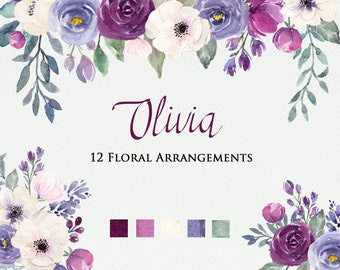 Plum, Purple, Lavender and White Flowers, Bouquets, Floral Drop and Borders, Hand Painted Watercolor Clipart Flowers for Weddings