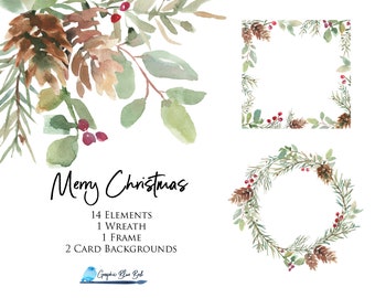 Christmas Watercolor Greenery, DIY Christmas Cards, Christmas Wreath Clipart, Winter Frame, Christmas Instagram Overlay, Pine Cones,