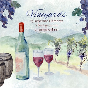Vineyards, Wine and Cheese Clipart, Hand painted watercolor: Wine, Cheese, Grapes, Wine Barrel, Wine Glass, Invitation Wine Tasting