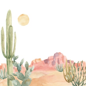 May include: Watercolour painting of a desert landscape with a large saguaro cactus, prickly pear cacti, and a sun in the top left corner. The background is a pink and purple watercolour wash.