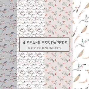May include: Four seamless digital paper patterns featuring watercolor illustrations of branches with leaves and berries. The patterns are in shades of blue, brown, red, and gray on a white, light gray, or light pink background. The text '4 SEAMLESS PAPERS' and '12 x 12' (30 x 30 CM) JPEG' is displayed in a black rectangle in the center of the image.