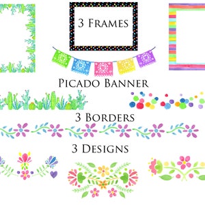 Fiesta Clip Art Kit, Picado banner, Pinata, Guitar, Mexican Flowers, Latino Party Designs, Watercolor Clip Art, Cactus, Frames & Borders image 3