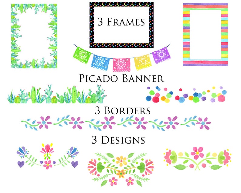 Fiesta Clip Art Kit, Picado banner, Pinata, Guitar, Mexican Flowers, Latino Party Designs, Watercolor Clip Art, Cactus, Frames & Borders image 3