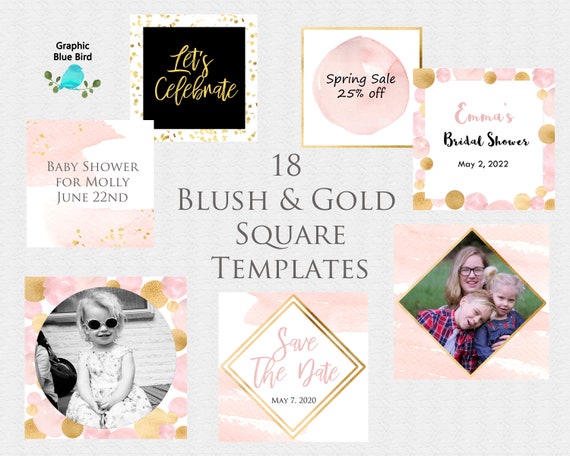 Square Blush and Gold Frames & Backgrounds, Set of  18 Pink Blush and Gold Square Frames and Backgrounds. Instagram, Invitations, Posters