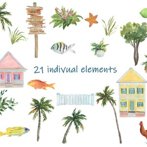 Florida Keys Clipart Kit includes palm trees, beach scene, fish, houses, Tropical Backgrounds, Key West, Key Largo, Seamless Digital Papers image 8