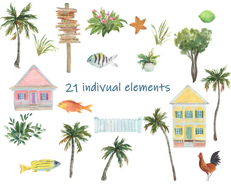 Florida Keys Clipart Kit includes palm trees, beach scene, fish, houses, Tropical Backgrounds, Key West, Key Largo, Seamless Digital Papers image 8