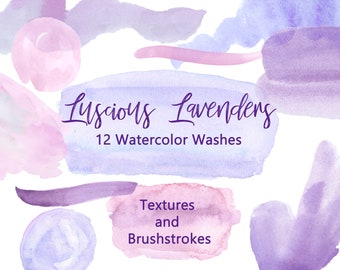 Lavender Watercolor  Textures,  Lavender Splashes and Splotches Clipart, Hand Painted Watercolor  Brush Strokes, Backgrounds