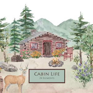 Cabin and Mountains Watercolor Clip Art, Cabin Life, Watercolor Log Cabin, Deer, Flowers, Pine Trees, Campfire and Watercolor Backgrounds