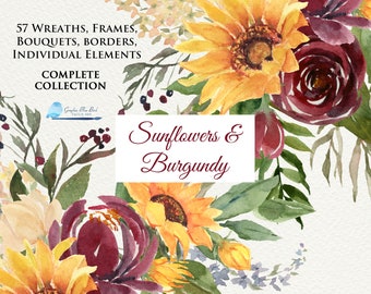 Large Bundle, Sunflowers and Burgundy Flowers, Sunflower Designs, Sunflower Wreaths, Sunflower Frames, DIY Wedding, Fall Wedding, Autumn