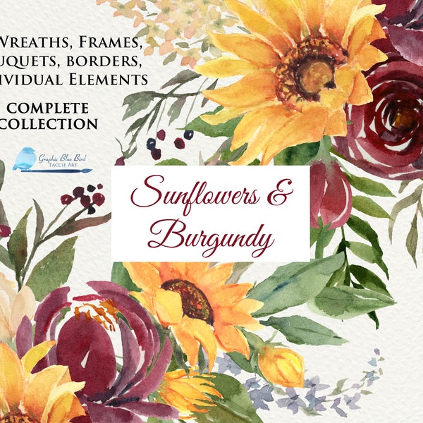 Large Bundle, Sunflowers and Burgundy Flowers, Sunflower Designs, Sunflower Wreaths, Sunflower Frames, DIY Wedding, Fall Wedding, Autumn