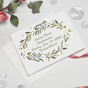 May include: White card with a green and white floral wreath design. The text reads "Joshua David Confirmation Sunday, June 15, 2020 Trinity Church".