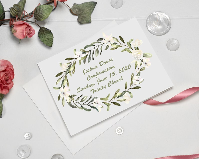 May include: White card with a green and white floral wreath design. The text reads "Joshua David Confirmation Sunday, June 15, 2020 Trinity Church".