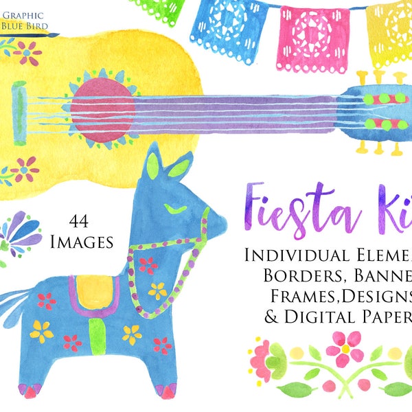 Fiesta Clip Art Kit, Picado banner, Pinata, Guitar, Mexican Flowers, Latino Party Designs, Watercolor Clip Art, Cactus, Frames & Borders