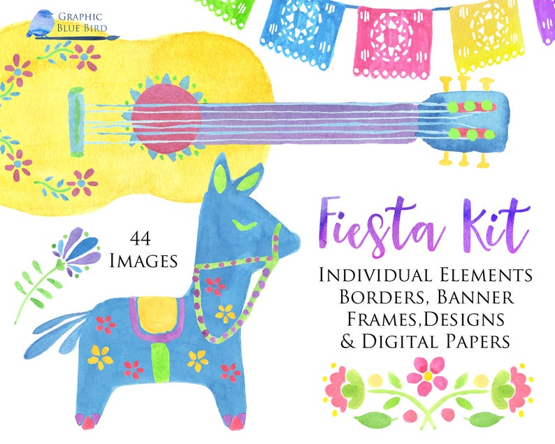 Fiesta Clip Art Kit, Picado banner, Pinata, Guitar, Mexican Flowers, Latino Party Designs, Watercolor Clip Art, Cactus, Frames & Borders image 1