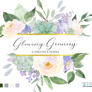 Couronnes de verdure et cadres de verdure avec fleurs blanches et fleurs violettes, eucalyptus, feuilles, mariage blanc, baptême, plantes succulentes