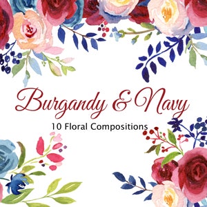Collection d’aquarelles Bourgogne et Marine, Fleurs de Mariage Merlot et Bleu, Fleurs De Bourgogne, Blush et Bleu Marine Peintes à la main