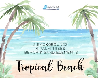 Tropical Beach Backgrounds, Beach, Sand and Palm Trees, Individual Elements and Beach Backgrounds, Beach Wedding, Watercolor Background