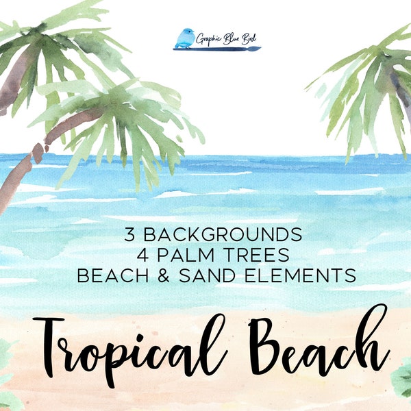 Tropical Beach Backgrounds, Beach, Sand and Palm Trees, Individual Elements and Beach Backgrounds, Beach Wedding, Watercolor Background