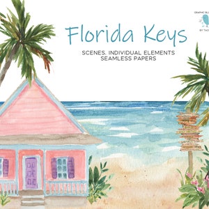 Florida Keys Clipart Kit beinhaltet Palmen, Strand Szene, Fische, Häuser, tropische Hintergründe, Key West, Key Largo, nahtlose digitale Papiere