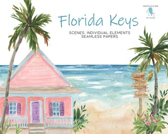 Florida Keys Clipart Kit includes palm trees, beach scene, fish, houses,  Tropical Backgrounds, Key West, Key Largo, Seamless Digital Papers