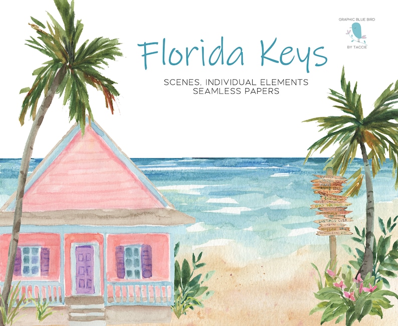 Florida Keys Clipart Kit includes palm trees, beach scene, fish, houses, Tropical Backgrounds, Key West, Key Largo, Seamless Digital Papers image 1