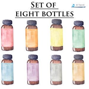 May include: Set of eight watercolor painted glass bottles with brown lids and colorful labels. The bottles are arranged in two rows of four.
