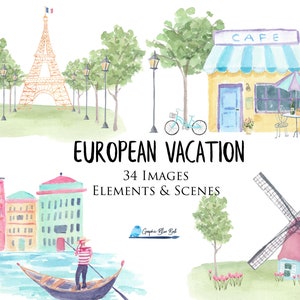 European Travel Watercolor Clipart Set, Roma, Venezia, Parigi, Olanda, Alpi svizzere, Torre Eiffel, Colosseo, Cafe, Wonderlust, Avventura