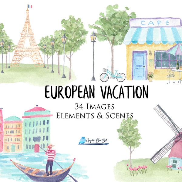 European Travel Watercolor Clipart Set, Rome, Venice, Paris, Holland, Swiss Alps, Eiffel Tower, Colosseum, Cafe, Wonderlust, Adventure