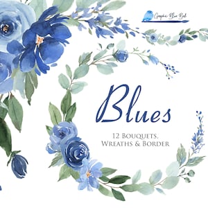 Blaue Aquarell Blumen und weiße Blumen, Aquarell CLipart, Blaue Blumen kränze, blaue Blumenrand, Baby Shower, Blau und Weiß Hochzeit