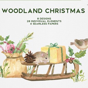 Woodland Christmas comprend le lapin, la souris, l’oiseau, les cadeaux de Noël. Couronnes et illustrations de Noël