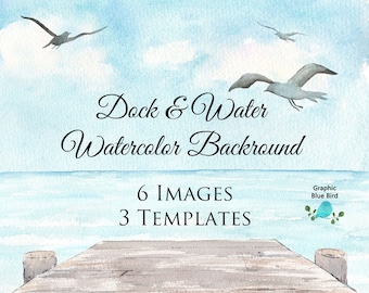 Lake and Dock Background Image with Birds, Watercolor Background, Water Background, Photography Background Image,