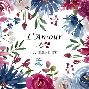 Burgundy and Navy Blue Watercolor Clip Art, 27 Individual Elements Including Burgundy Flowers, Roses, Greenery and Berries