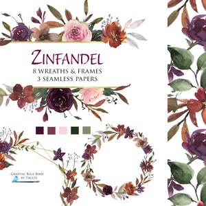 Ghirlade autunnali & cornici marrone arancione rosa prugna Rose Peonies Seamless Papers, Wedding Acquerello Floral Clipart, Ringraziamento, Friendsgiving