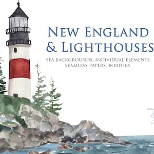 New England Clipart Kit beinhaltet Leuchttürme, Seelandschaft, Hummer, Ozean, nahtlose Papiere, maritime Bordüren, maritime Hochzeit
