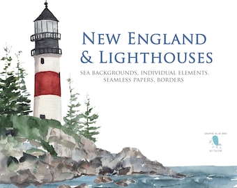 New England Clipart Kit includes lighthouses, seascape backgrounds, lobster, ocean, seamless papers, nautical borders, Nautical Wedding