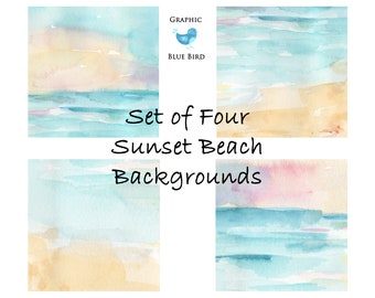 Set di quattro sfondi ad acquerello Sunset Beach, sfondi colorati astratti, tramonto sulla spiaggia, invito al matrimonio sulla spiaggia