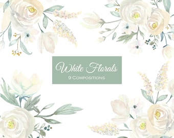 White Floral Watercolor Collection, White Wedding Clip Art, Hand Painted Watercolor Clipart, Greenery, Eucalyptus, White Roses, Cream Flower