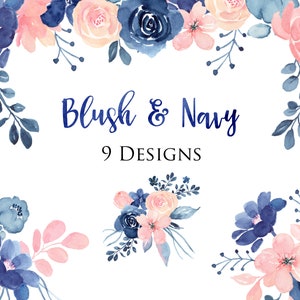 Blush & Navy Blumen, Neun Designs, Floral Topper, Rand und Vorlagen, Blaue und Rosa Blumen, Hochzeitseinladung, Baby Shower