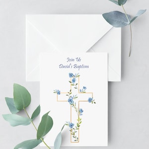 May include: A white card with blue text that reads "Join Us David's Baptism". A gold cross with blue flowers is in the center of the card.