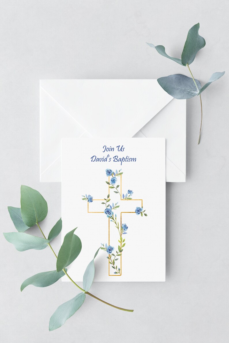 May include: A white card with blue text that reads "Join Us David's Baptism". A gold cross with blue flowers is in the center of the card.