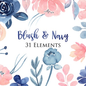 Blush & Navy Floral Clip Art, Individual Elements Set, Navy Blue and Pink Blush Flowers for Wedding Invitations, Baby Shower Invitations