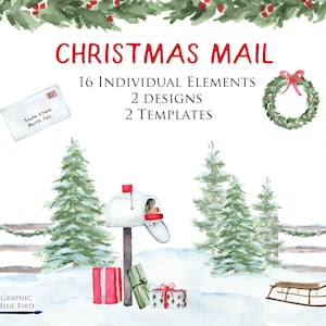 Weihnachtspost, Aquarell Clipart, Tannenbäume, Weihnachtsgeschenke, Schlitten, Zaun, Briefkasten, Schnee, Kranz, Bordürendesign, Weihnachtskarte