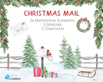 Christmas Mail, Watercolor Clipart, Pine Trees, Christmas Presents, Sled,  Fence, Mailbox, Snow, Wreath, Border Design, Christmas Card 