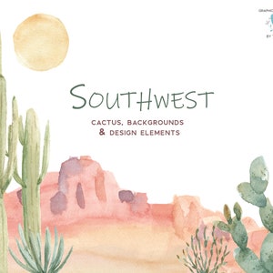 O kit de clipart do deserto do sudoeste inclui cactos, fundos de montanha do deserto, elementos de design tribal, clipart Boho