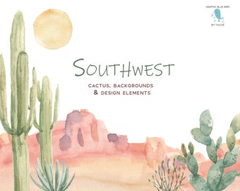 Southwestern Desert Clipart Kit includes Cactus, Desert Mountain Backgrounds, Tribal Design Elements, Boho Clipart