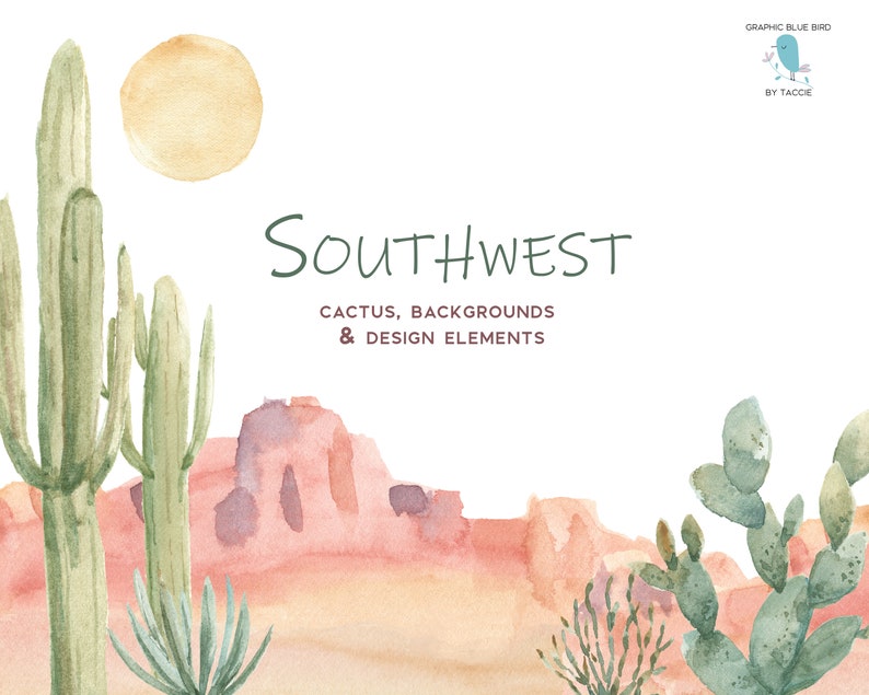 May include: Watercolour illustration of a southwestern desert landscape with cacti, mountains, and a sun. The text "SOUTHWEST CACTUS, BACKGROUNDS & DESIGN ELEMENTS" is written in the centre of the image.