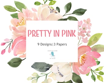 Pink and Blush Flowers Watercolor Clipart Collection, Pink Flowers PNG for Baby Shower or Bridal Shower, Seamless Digital Paper, Pink Wreath